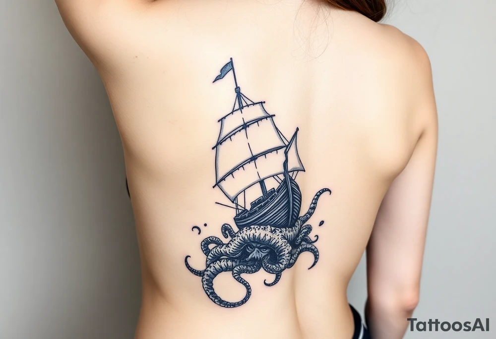 Vertical female side and hip tattoo pirate ship getting sunk by the kraken tattoo idea