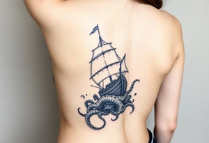 Vertical female side and hip tattoo pirate ship getting sunk by the kraken tattoo idea