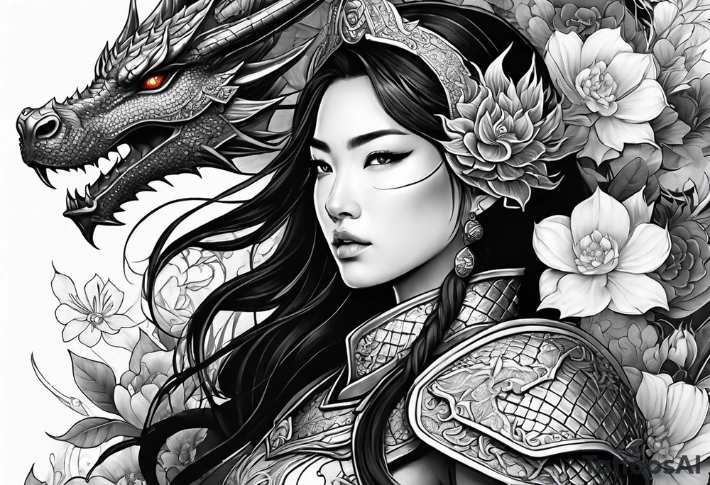 beautiful warrior woman wearing dragon armor and a floral background and a dragon a full picture tattoo idea