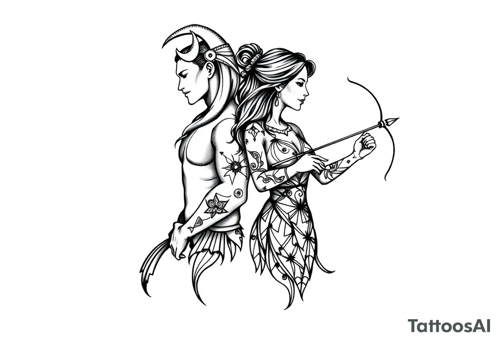 Male Capricorn and female Sagittarius couple high school sweetheart’s unconditional  very close holding eachother tattoo idea