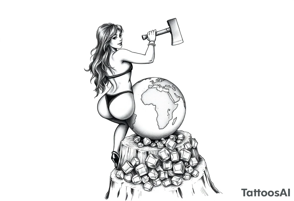 a pin up girl that is naked and has very large breasts wearing a g string thong. the pin up girl is swinging an ax onto a earth globe. the earth globe is half the diameter of the top of the tree stump, the earth globe is located on top of a tree stump, there is a pile of diamonds below the tree stump. the idea is that this pin up girl if very attractive. the idea is that this pin up girl crushing a small version of the earth and creating a diamond with the pressure. tattoo idea