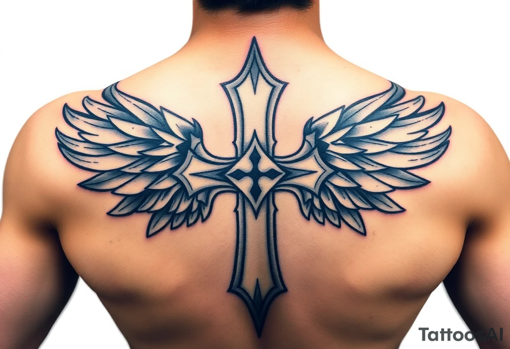 A metal cross with scratches and dents, with warrior-like armored wings in steel gray tattoo idea