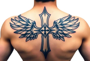 A metal cross with scratches and dents, with warrior-like armored wings in steel gray tattoo idea