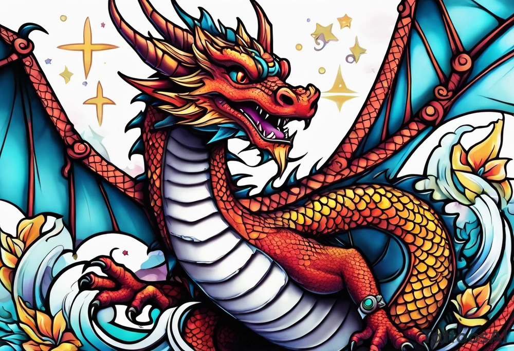 Dragon kawaii , clock, cross tattoo idea