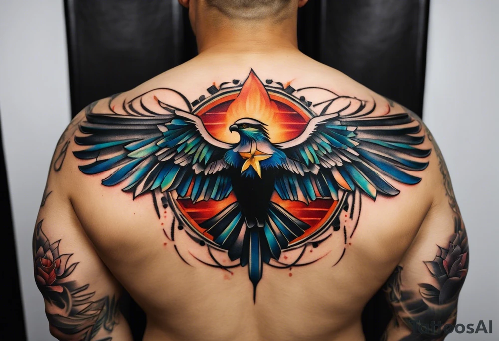 Wide tattoo that appears to be bursting out of the skin, symbolizing freedom. The tattoo should be vibrant and dynamic, with bold lines and colors that evoke a sense of liberation and empowerment. Consider incorporating elements such as broken chains, or other symbols of freedom. The tattoo should be visually striking and thought-provoking, inviting the viewer to reflect on the importance of personal freedom. tattoo idea