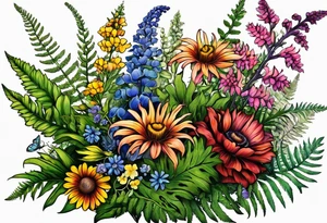 saturated mixed wildflower bouquet with ferns and detailed with color tattoo idea