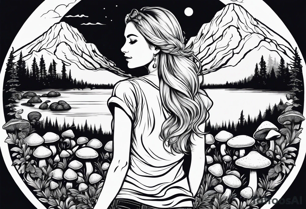 Straight long blonde hair hippie girl in distance holding mushrooms in hand facing away toward mountains and creek surrounded by mushrooms tee shirt and hiking pants; whole rendering within a full circle, no cut off circle tattoo idea