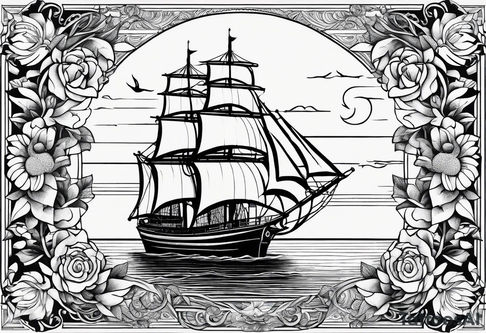 bateau, phare maritime, phoenix, rose des vents et lune bleu. tattoo idea