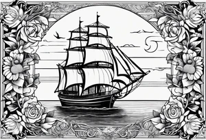 bateau, phare maritime, phoenix, rose des vents et lune bleu. tattoo idea
