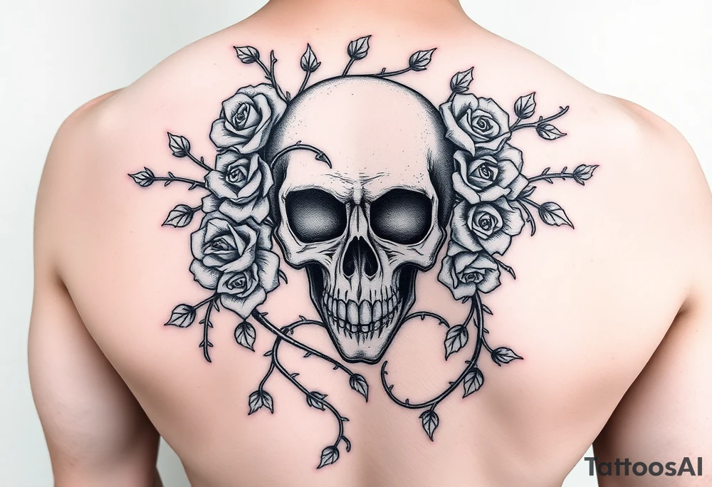 gothic skull intertwined with climbing roses and thorny vines tattoo idea