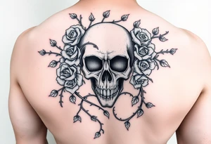 gothic skull intertwined with climbing roses and thorny vines tattoo idea