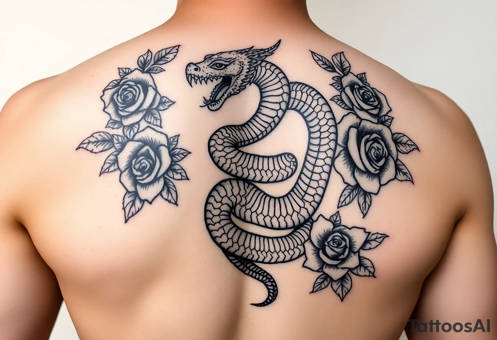 powerful majestic snake surrounded by rose ornaments tattoo idea