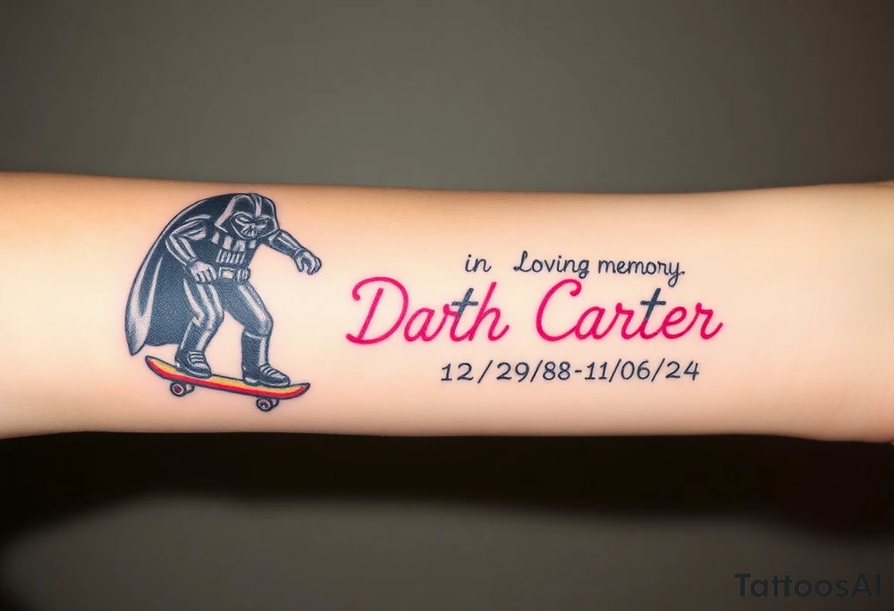 Darth Vader skateboarding > bullets > in loving memory
colorful
skateboard words "Darth Carter"
add date 12/29/88-01/06/24 tattoo idea