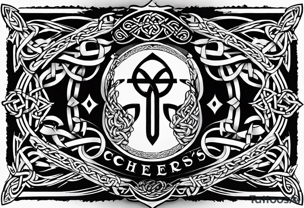 Cheers Mate text, armband +Celtic +Cancer Ribbon +tribal +artistic tattoo idea