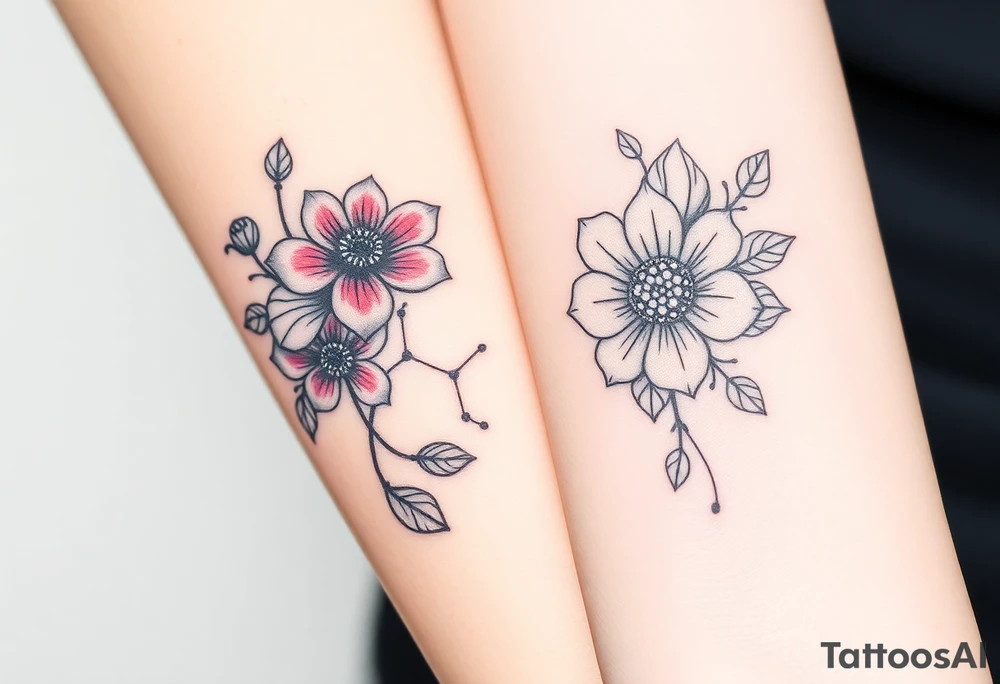 Bipolar disorder chemical bond with flowers and fade from color to black and white tattoo idea