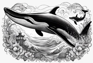whale with a turtle integrated with a big wave tattoo idea