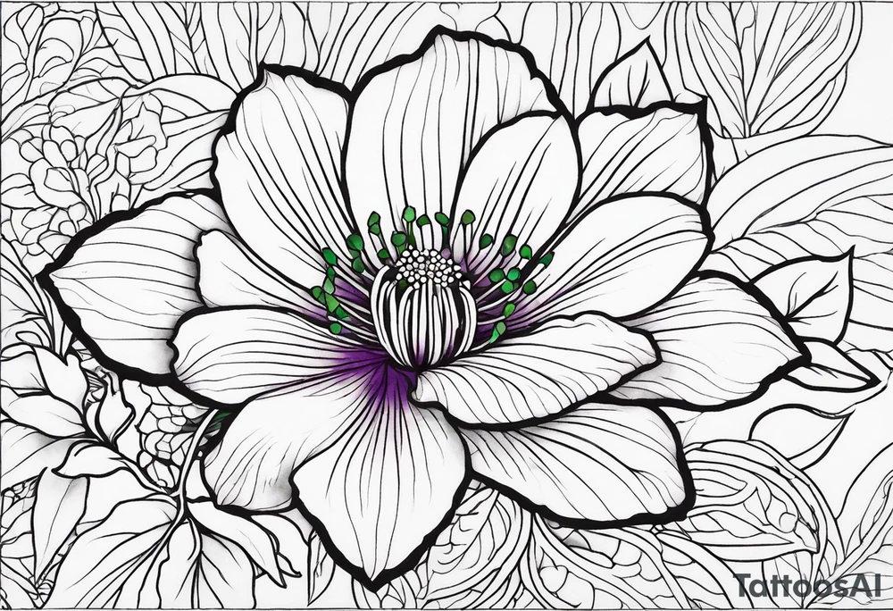 An outline of a rio dipladenia flower with a green and purple watercolor in the background tattoo idea