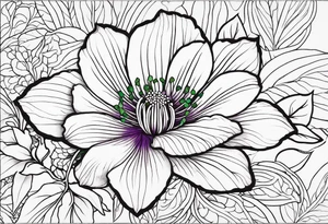 An outline of a rio dipladenia flower with a green and purple watercolor in the background tattoo idea