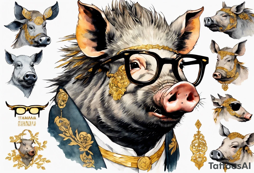 a wild boar wearing gold spectacles tattoo idea