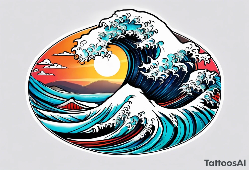 wave  "come what may" written underneath in cursive outside forearm not an oval tattoo idea