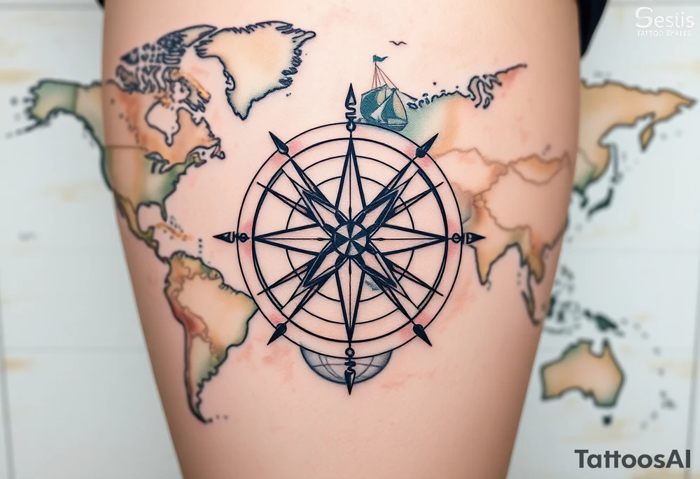 antique compass rose overlaid on weathered world map with sailing ships tattoo idea