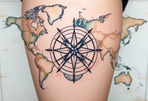 antique compass rose overlaid on weathered world map with sailing ships tattoo idea