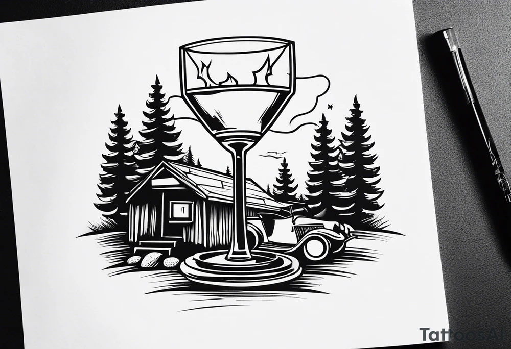 cross, campfire, golf , whiskey glass, cabin tattoo idea