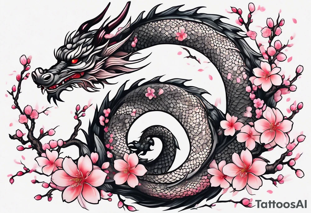 Delicate feminine simple dragon intertwined in cherry blossom, soft lines, soft dragon, pleasant dragon, beautiful cherry blossom tattoo idea