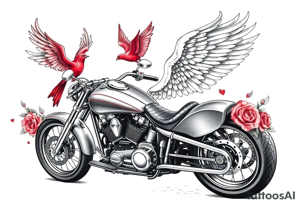 Harley grey motorcycle driving away, two red birds flying, roses, flames, angel wings tattoo idea