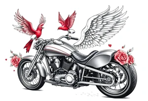 Harley grey motorcycle driving away, two red birds flying, roses, flames, angel wings tattoo idea