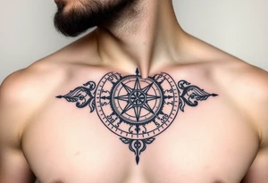 Chest tattoo with Roman stoic theme with sun dial compass tattoo idea