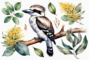 Small kookaburra sitting on eucalyptus leaves and wattle leaves tattoo idea