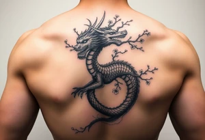 Sekiro shadows die twice divine dragon entwined with a cherry blossom tree going from chest to shoulder tattoo idea