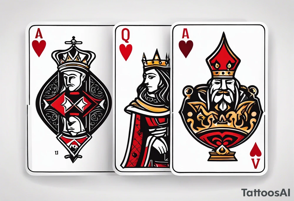 one combined tatto in minimalistic style with icon style three king of spades and icon style one queen of hearts tattoo idea
