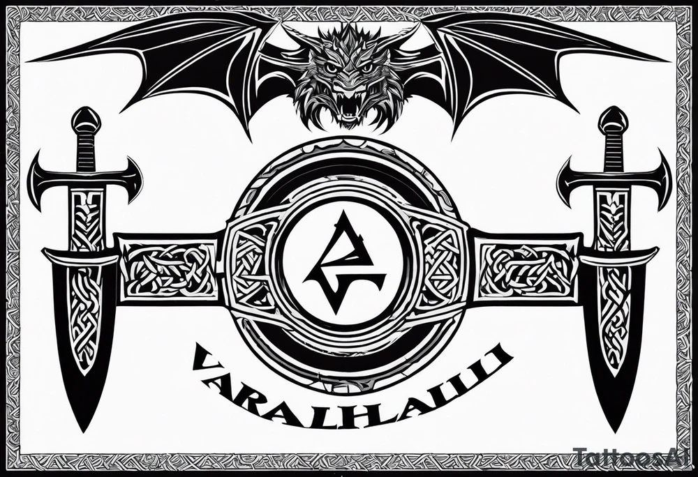 Valhalla sword shield dragon axe Valknut barbed wire chains tribal tattoo idea Valhalla sword shield dragon axe Valknut barbed wire chains tribal tattoo idea