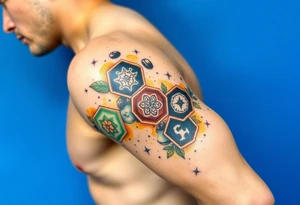 Good karma symbols inside honey combs tattoo idea