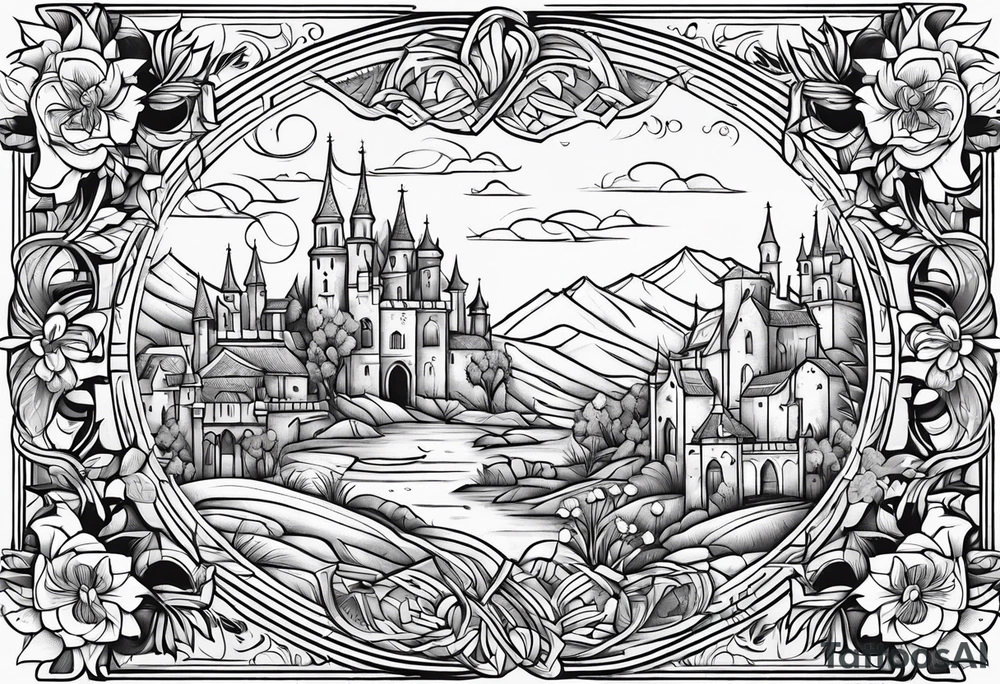 medieval tribal city land flowers vignette tattoo idea