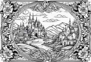 medieval tribal city land flowers vignette tattoo idea