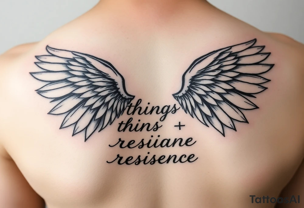 angel wings with related things and resilience written tattoo idea