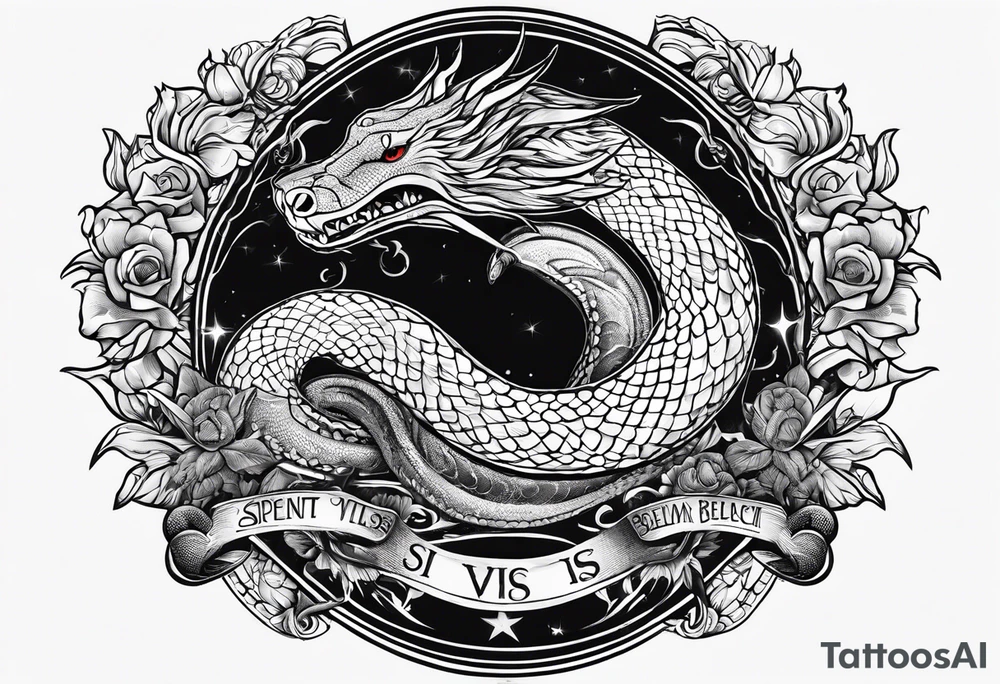 A serpent with sunlight and the phrase Si vis pacem para bellum tattoo idea