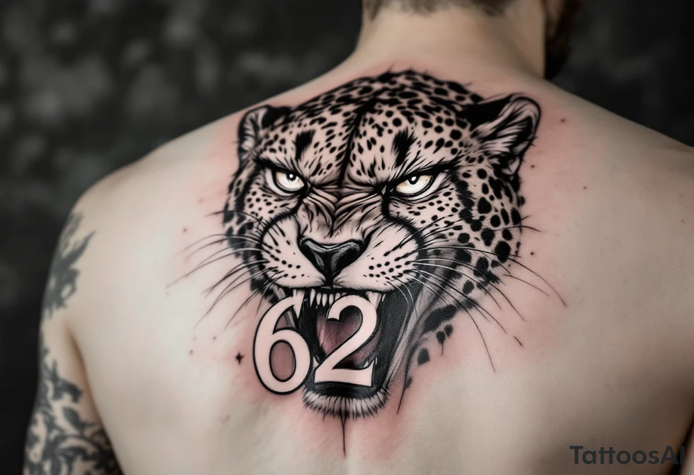 angry cheetah with the number 62 in its mouth tattoo idea