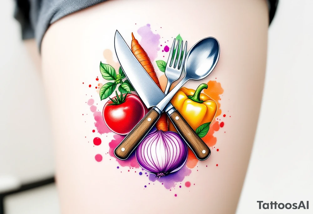 A realistic kitchen tattoo design showing a stainless steel chef’s knife with a brown wooden handle crossed over a silver fork and spoon, surrounded by fresh vegetables: a bright red tomato, an orange carrot with green leaves, a purple onion, green basil leaves, and a yellow bell pepper — all arranged in a circular layout with soft watercolor splashes in red, green, orange, and violet behind them. tattoo idea