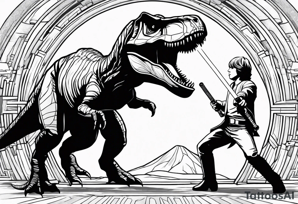 Luke Skywalker and a T-Rex fighting each other with lightsabers tattoo idea