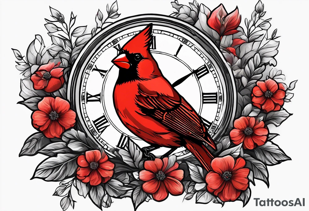Trees, flowers, clock, red cardinal, representing growth from grief tattoo idea