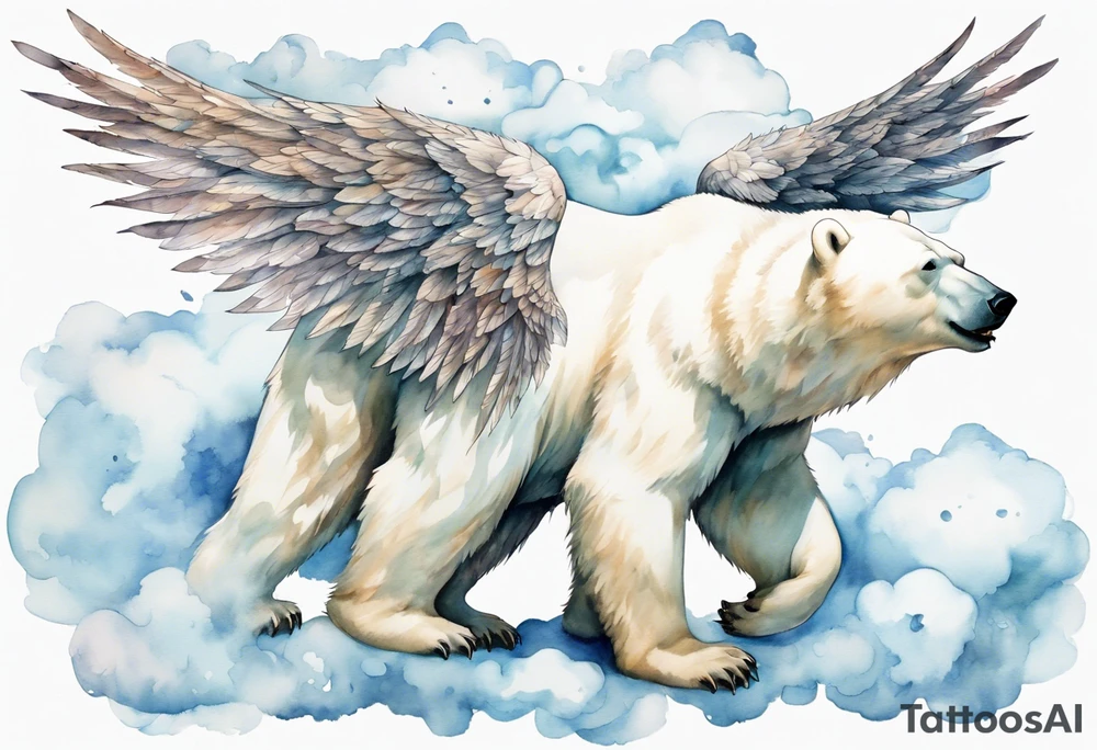 a polar bear with wings, standing on clouds blowing wind from his mouth tattoo idea