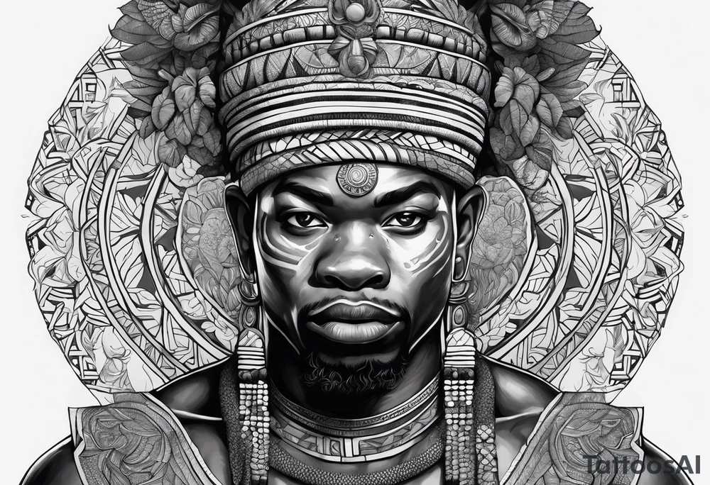 ogun guerreiro africano realista em preto e cinza com tons de azul
 no fudo de selva tattoo idea