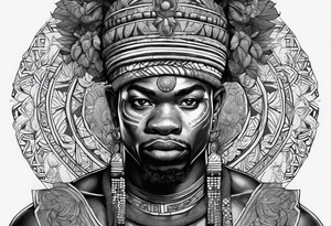 ogun guerreiro africano realista em preto e cinza com tons de azul
 no fudo de selva tattoo idea