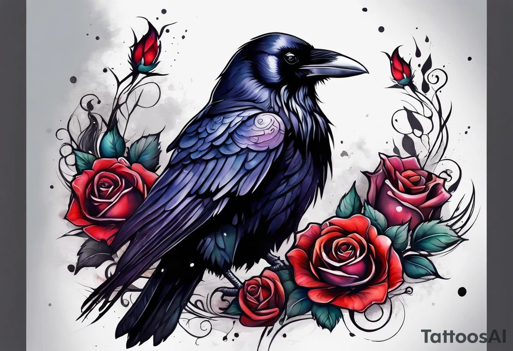 Raven facing forward with a rose underneath it tattoo idea