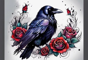 Raven facing forward with a rose underneath it tattoo idea