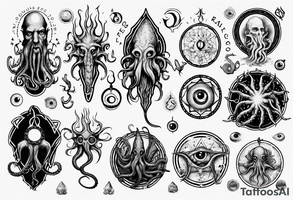 lovecraft long tattoo to put on the forearm, with eye and tentacle tattoo idea